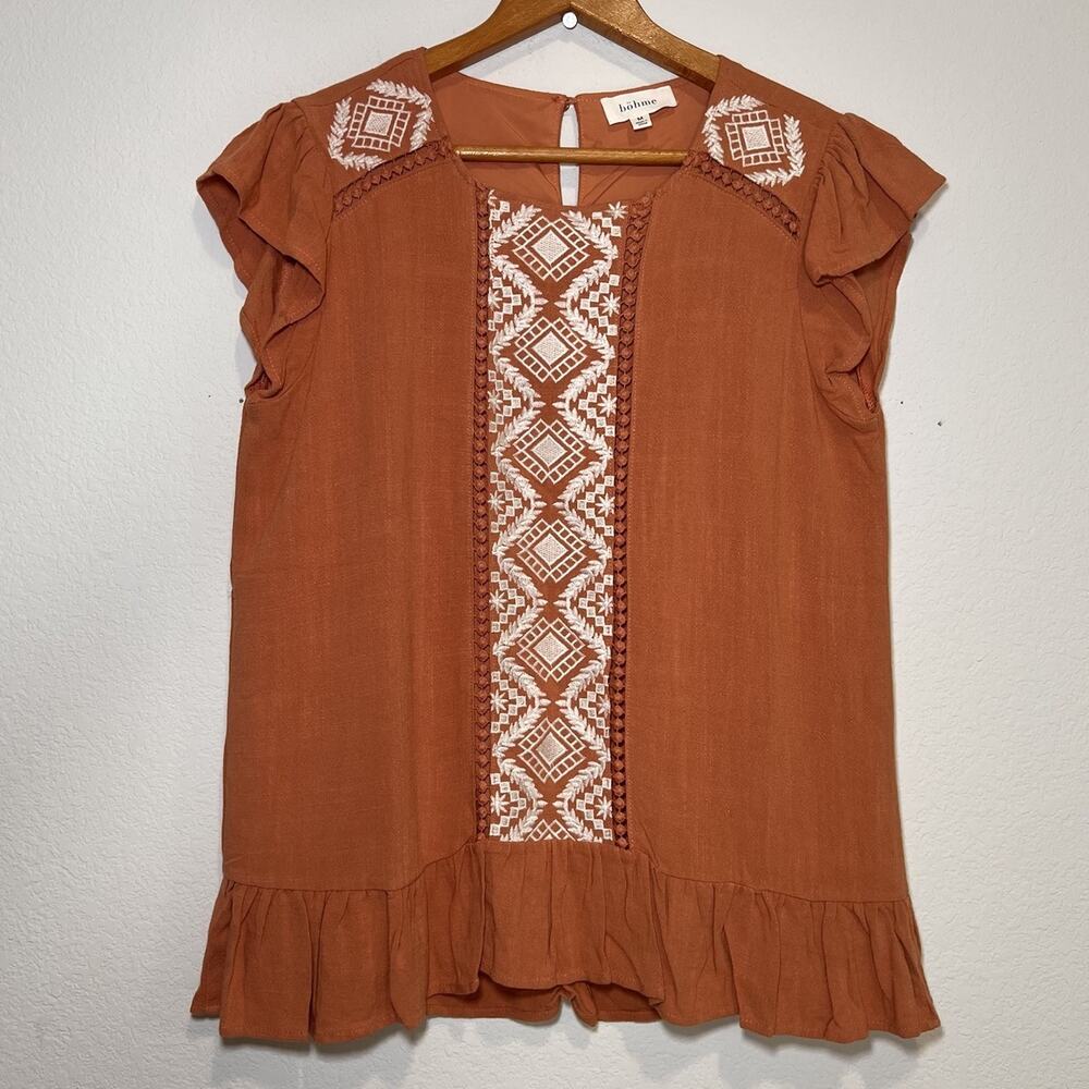 Bohme Top Women’s Size M Orange Embroidered Boho Ruffle Sleeve Linen Blend NWOT